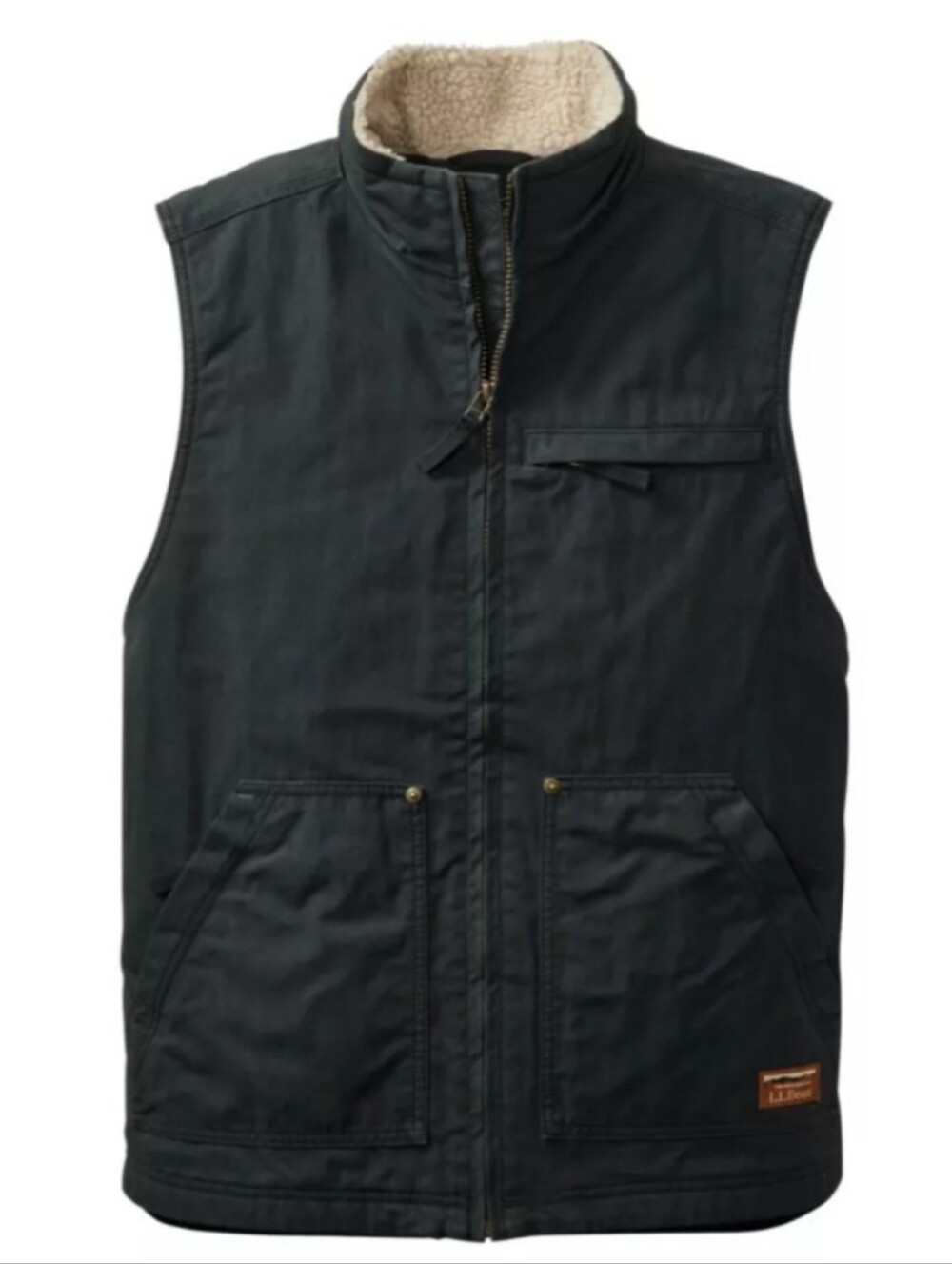 LL Bean Mens Black Utility Vest Sherpa Fleece Lined Collar Insulated Large EUC